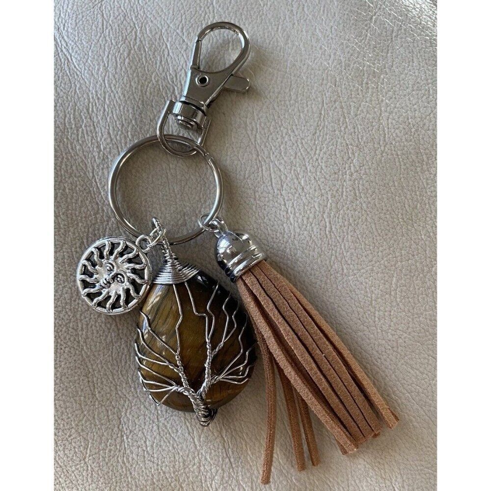 Key Chain Stone Tiger Eye Silver Tone Leather Tassel